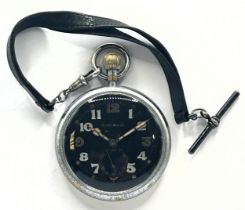 A Jaeger-LeCoultre military open face pocket watch, the black dial with luminous Arabic numerals and