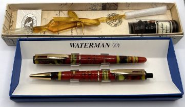 A Waterman fountain pen and ballpoint pen, Leonardo Da Vinci Collection, and a Francesco glass