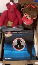 A Corgi James Bond eight piece gift set, No TY99135, a Harris Tweed red teddy bear, and assorted