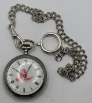 A silver Omega fob watch, with engraved decoration, the enamel dial with Roman numerals, with a