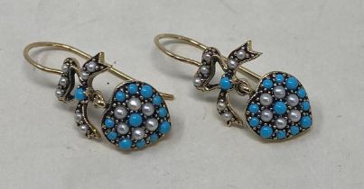 A pair of 9ct gold, turquoise and pearl earrings Condition good, a 20th/21st century copy