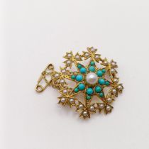 A yellow metal, seed pearl and turquoise brooch 5.7 g all in