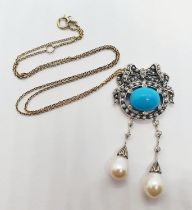 A silver, turquoise, pearl and diamond pendant, on a 9ct gold chain Condition good, a 20th/21st