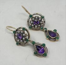 A pair of 9ct gold, emerald, amethyst and pearl drop earrings Condition good, a 20th/21st century
