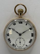 A 9ct gold open face pocket watch, the enamel dial with Roman numerals and subsidiary seconds