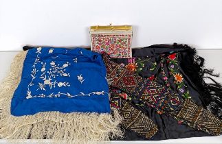 A pair of knitted winter gloves, two embroidered shawls, and a handbag (box)