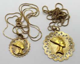 An 18ct gold medallion, decorated an Egyptian bust, and another similar, both on chains, 15.3 g