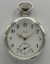 A silver coloured metal Omega open face pocket watch, the enamel dial signed Bengtsson Sodertelje