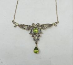 A 9ct gold, peridot and pearl Art Nouveau style pendant, on a chain Condition good, a 20th/21st