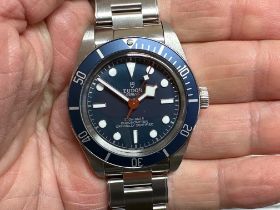 A gentleman's Tudor black bay fifty-eight steel blue luminous marker dial wristwatch, with a blue