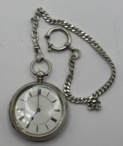A late Victorian silver open face pocket watch, the enamel dial with Roman numerals, the dust cap