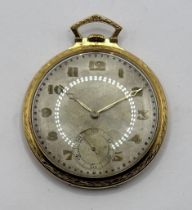 An Art Deco 18ct gold open face pocket watch, the silvered dial with Arabic numerals and