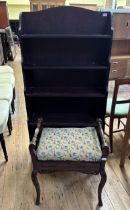 A waterfall front bookcase, assorted pictures, and a stool (qty)