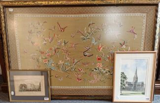 A Chinese silk panel, decorated butterflies, 70 x 120 cm, and two prints (3)