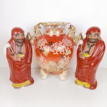 ***Withdrawn*** A pair of Chinese figures, of bearded men, 32 cm, and a vase (3) Two figures: no