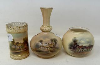A Royal Worcester vase, decorated Anne Hathaway's Cottage, 9 cm high, another, 13 cm high, and a