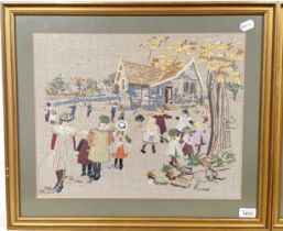 A G Frear needlework panel, children playing, signed, 34 x 47 cm and four other needlework panels (