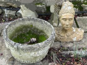 A composite stone garden jardiniere, and a bust