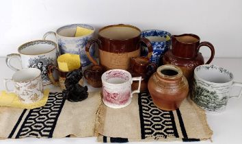 A large 19th century blue and white mug, a Doulton Lambeth tig, and assorted ceramics (box)