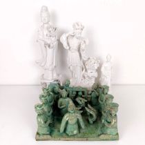 A Chinese Blanc de Chine figure of a goddess, 342 cm high, two other figures and a green glazed