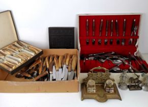 Assorted cutlery, with antler handles, an Asian book print block, and assorted other items (2 boxes)