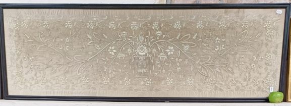 A large silk embroidered panel, decorated flowers, 160 x 49 cm