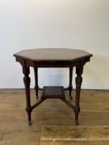 A late Victorian inlaid rosewood octagonal two tier table, 77 cm wide