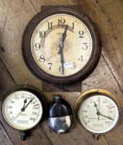 A Smiths eight day wall clock, two clocks converted from pressure gauges, and a hip flask