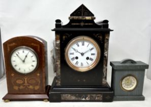 A slate mantel clock, a mahogany mantle clock, three pairs of binoculars (box)