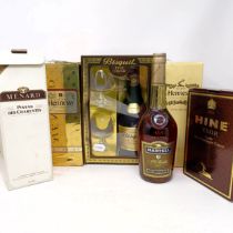 A bottle of Menard champagne cognac, a bottle of Martel VS cognac, a bottle of Hein VSOP cognac, two