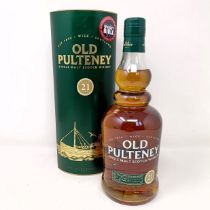 A bottle of Old Pulteney single malt Scotch whisky, aged 21 years, with its cardboard tube