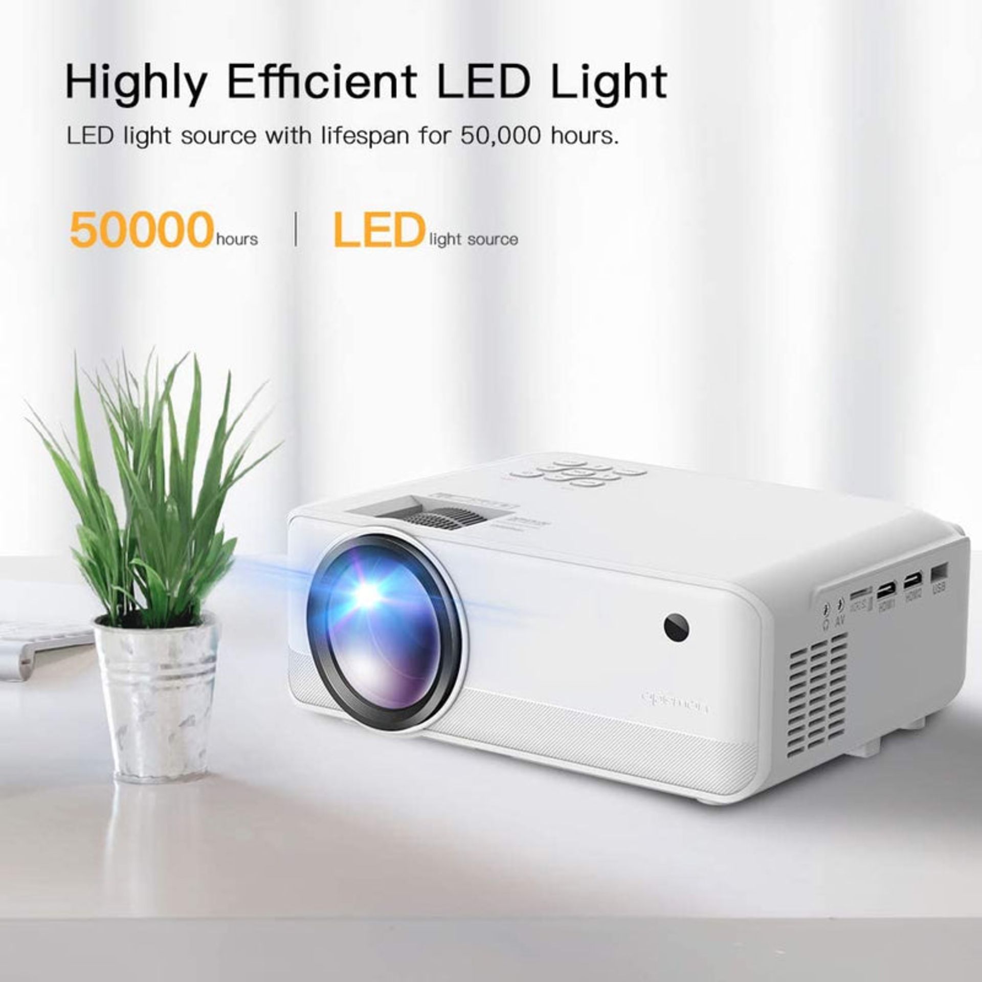6000 lumens portable projector, the display size from 30" to 200". Crisp images is perfect for home