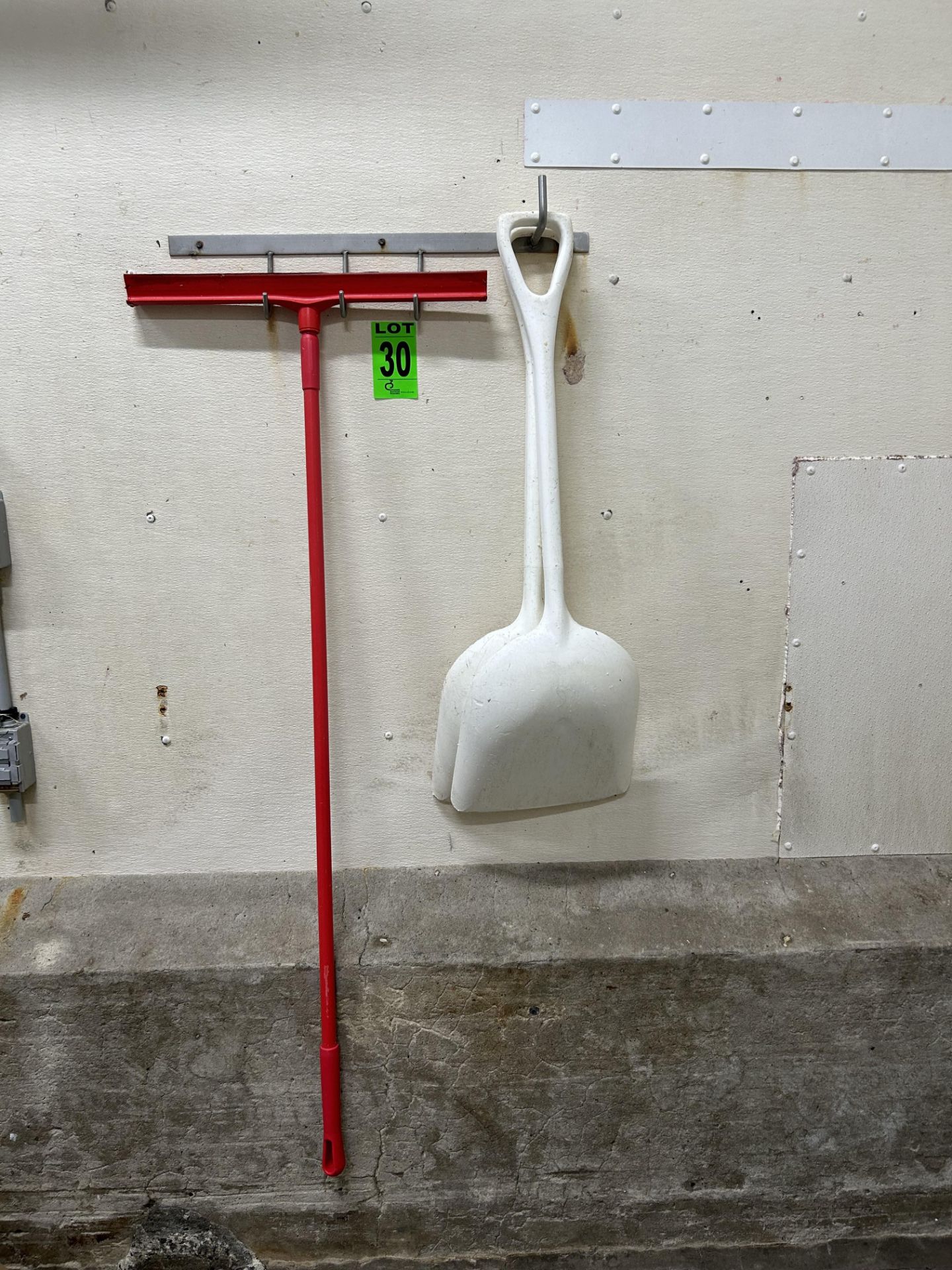 Lot of Cleaning Tools incl. 2 Squeegees, shovels, and racks