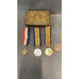 A group of 3 first world war service medals awarded to 59517, DVR.A.HOLTON.R.A, in a 1914 brass