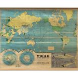 A large 1970's world map, 115 x 90cm attached to wooden dowls top and bottom