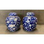 A large pair of Chinese blue and white Prunus Jars with covers. Kangxi marks c.1900, 30cm high
