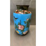 A large Japanese cloisonné Vase with blue ground and bird decoration Meiji period, 32.5cm high