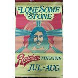 A vintage 1970's Lonesome Stone poster from the Rainbow Theatre, July-Aug, some foxing but overall