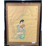 An antique japanese painting on silk of a seated lady looking in the mirror, 30 x 37cm