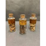 A group of 3 antique apothecary jars with original contents, scilla, slaumae radix, taraxaci radex