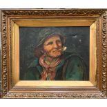 A early 19th Century oil on canvas painting of a fisherman smoking a pipe, 24 x 19 cm