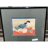 An antique hand painted on silk Japanese erotic scene, image size 14 x 11cm