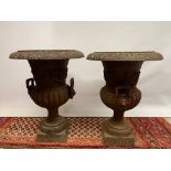 A large pair of French 19th century cast iron garden urns, 76cm high and 57cm diameter