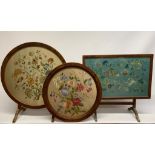 Two vintage fold down tables with floral embroidered samples under-glass and one other embroidery in