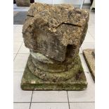 2 large antique carved stone fragments: A pillar or statue base and a cross shaped post cap