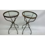 2 modern bamboo effect metal side tables with glass tops