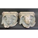 2 antique French plaster cast corbels in the form of cherum faces, adorned with angel wings