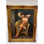 A large decorative vintage oil on canvas depicting a seating nude lady in gilt frame. Signed 1973 R.