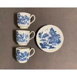 Early blue and white Worcester, 3 cups and 1 saucer