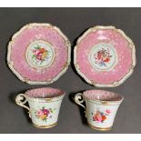 A pair of cups and saucers 18th or 19th century, with floral decoration, predominately rose